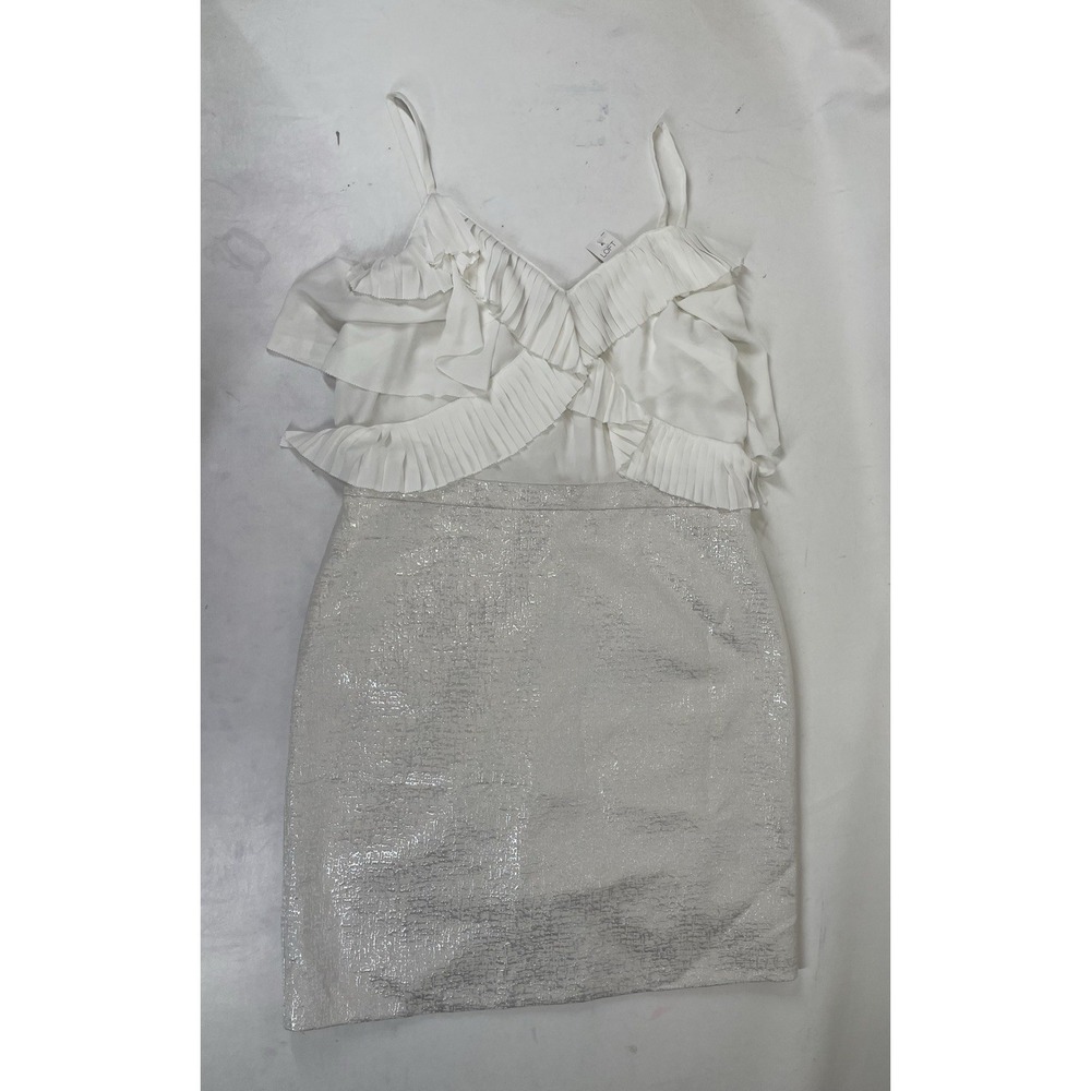 LOFT Ruffle Front Sleeveless Sheath Dress Womens 14 White Silver Metallic NWT